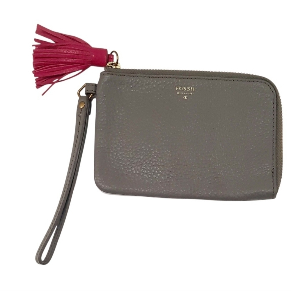 Vintage Y2K Fossil Tara Gray Pebbled Leather Wristlet Strap Wallet Pink Tassel